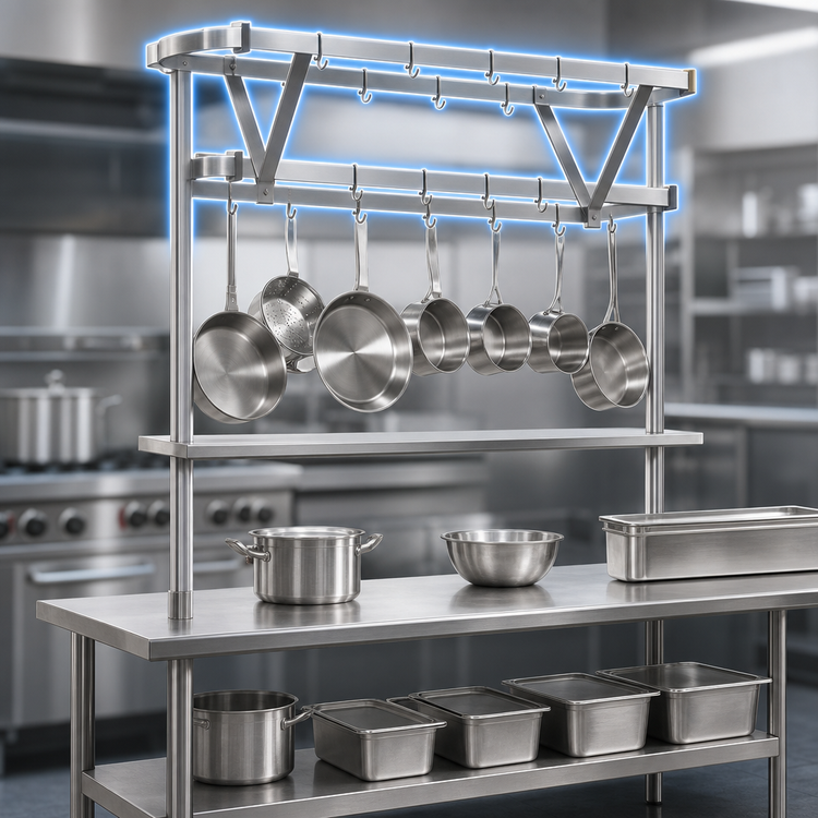 Product image #3 for Eagle Group Table-Mounted Triple-Bar Stainless Steel Pot Rack for 144-Inch Tables