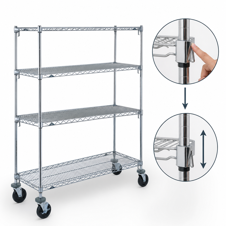 Product image #3 for Metro Super Erecta Super Adjustable Wire Stem Caster Cart, 60" x 21" x 69", 4 Shelves, Chrome, 900 lb. Capacity