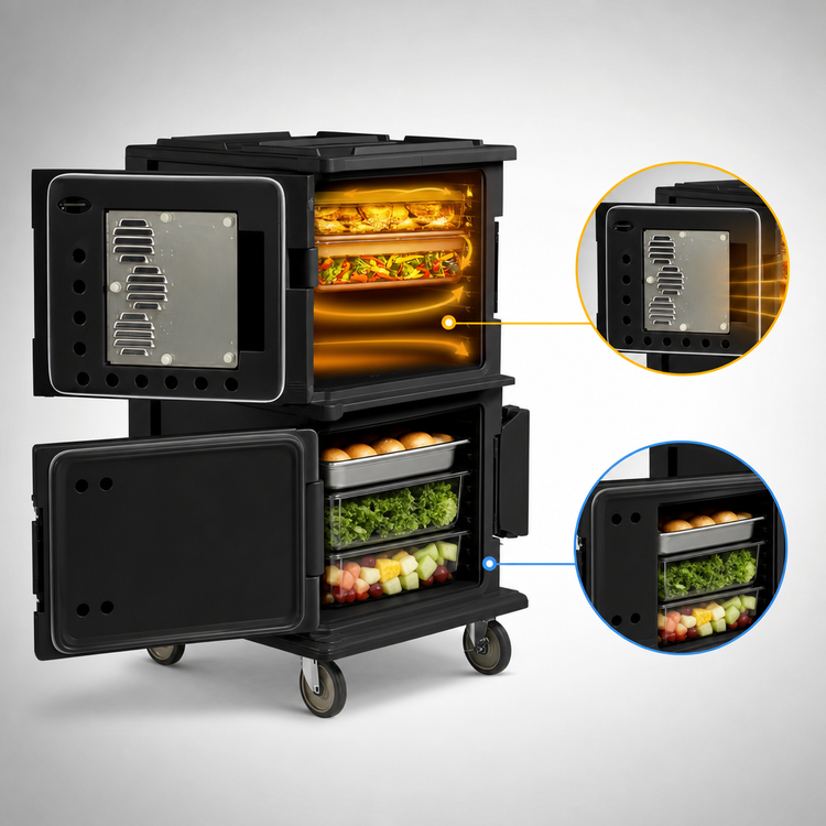 Product image #4 for Cambro Ultra Camcart 2-Compartment Front-Loading Heated Top-Door Food Pan Carrier, Heavy-Duty Casters, 110V, Black