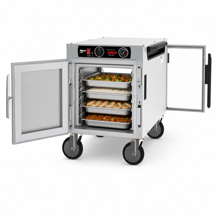 Product image #4 for Metro HotBlox Narrow 4-Pan Pass-Thru Undercounter Insulated Holding Cabinet with Analog Controls, Solid Front/Clear Rear Doors