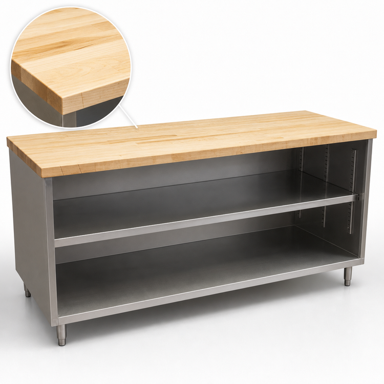 Product image #3 for BK Resources Hard Maple Top Chef Table with Stainless Steel Cabinet Base, Open Front, 72 x 30 Inches