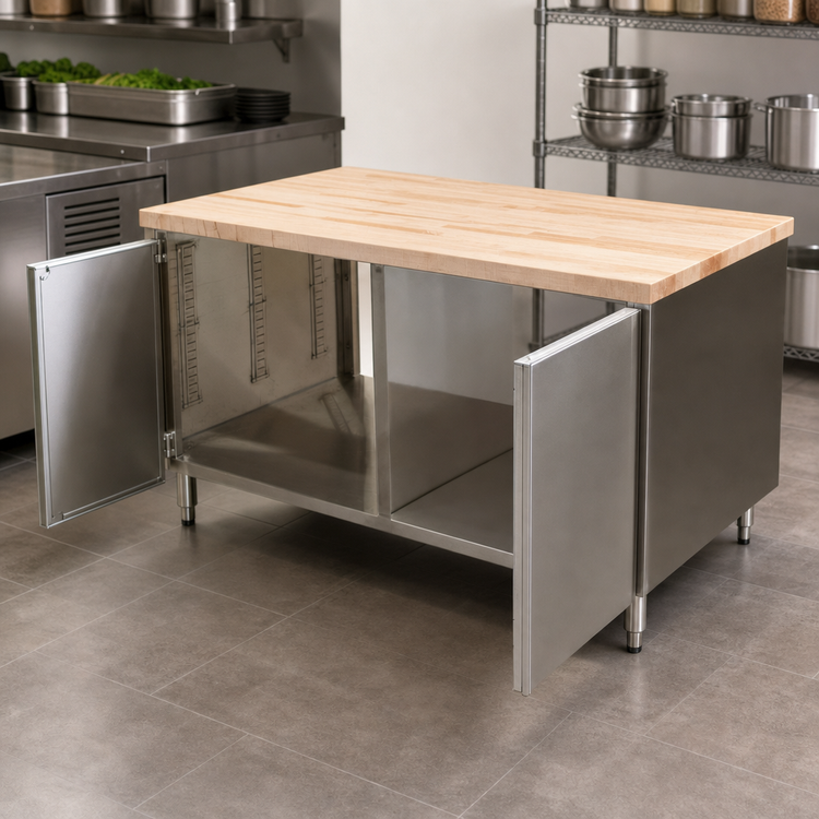 Product image #3 for BK Resources Dual-Access Chef Table with Cabinet Base, Locking Hinged Doors, and Hard Maple Top, 48 x 30 Inches