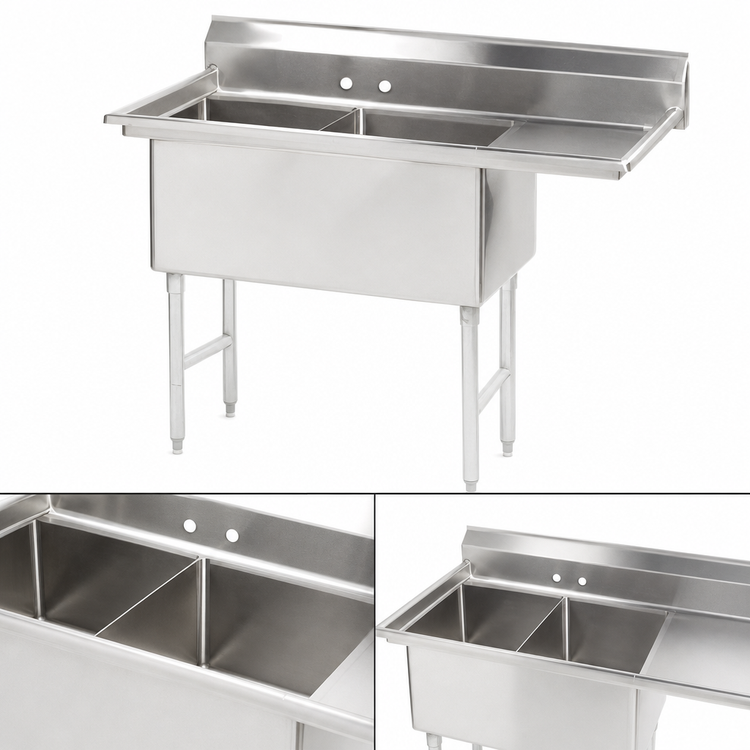 Product image #3 for Advance Tabco 2-Compartment Fabricated Sink with Right Drainboard, 18" x 18" x 14" Bowls, 16-Gauge 304 Stainless Steel