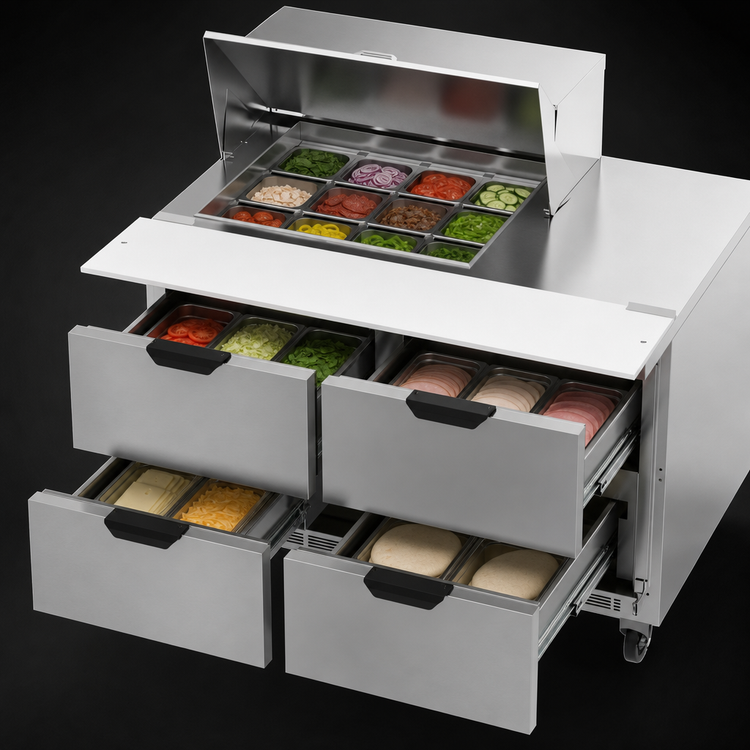 Product image #4 for Beverage-Air 48-Inch Two-Section Mega Top Sandwich Prep Table with 4 Drawers