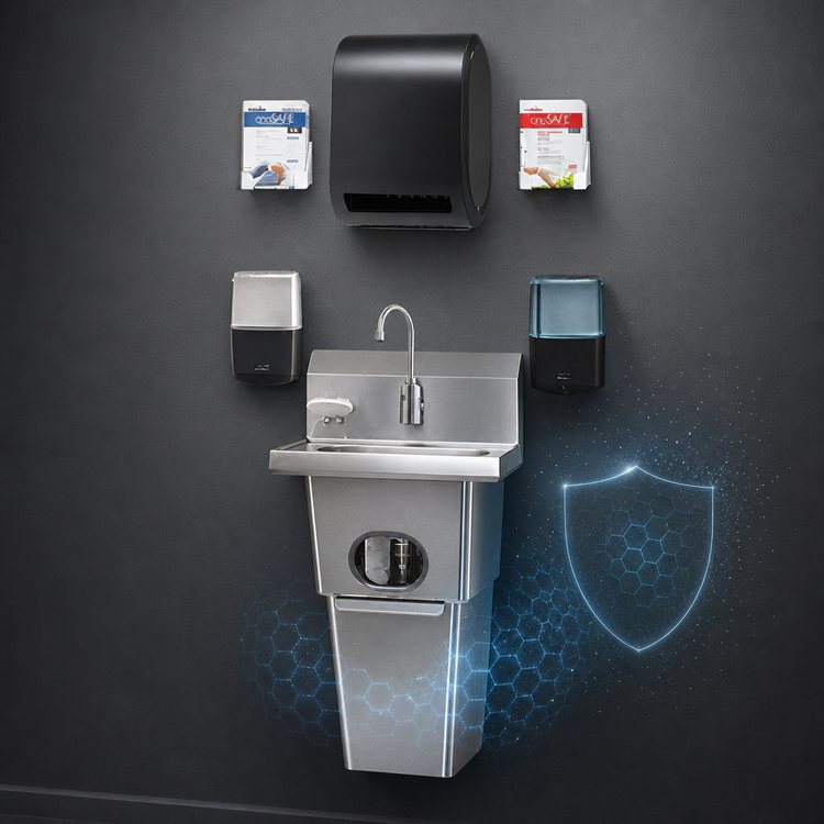 Product image #3 for Eagle Group MicroGard Touch-Free Wall-Mounted Handwashing System with Sink, Faucet, Soap, Sanitizer, Towel Dispenser and Waste Receptacle