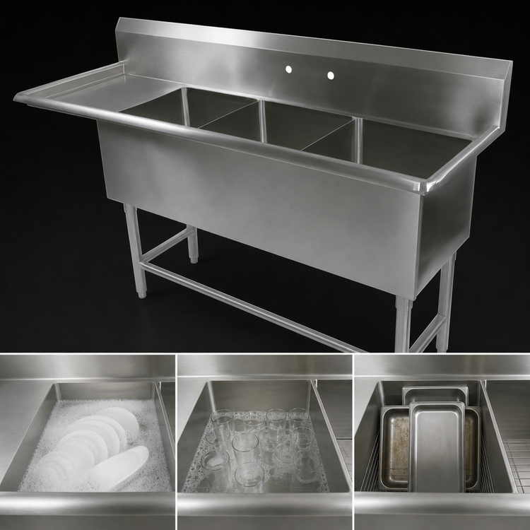 Product image #3 for John Boos Pro-Bowl 14-Gauge 3-Compartment Stainless Steel Sink with Left Drainboard, 24" x 24" x 14" Bowls
