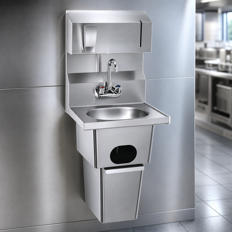 Product image #3 for Wall-Mounted 304 Stainless Steel Hand Sink with Built-In Waste Receptacle, Gooseneck Faucet, and Soap/Towel Dispensers