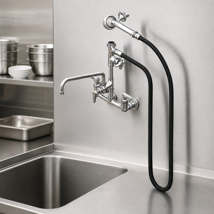 Product image #3 for T&S Brass Wall-Mount Mixing Pre-Rinse Faucet Spray Assembly with 12-Inch Swing Spout and 80-Inch Hose