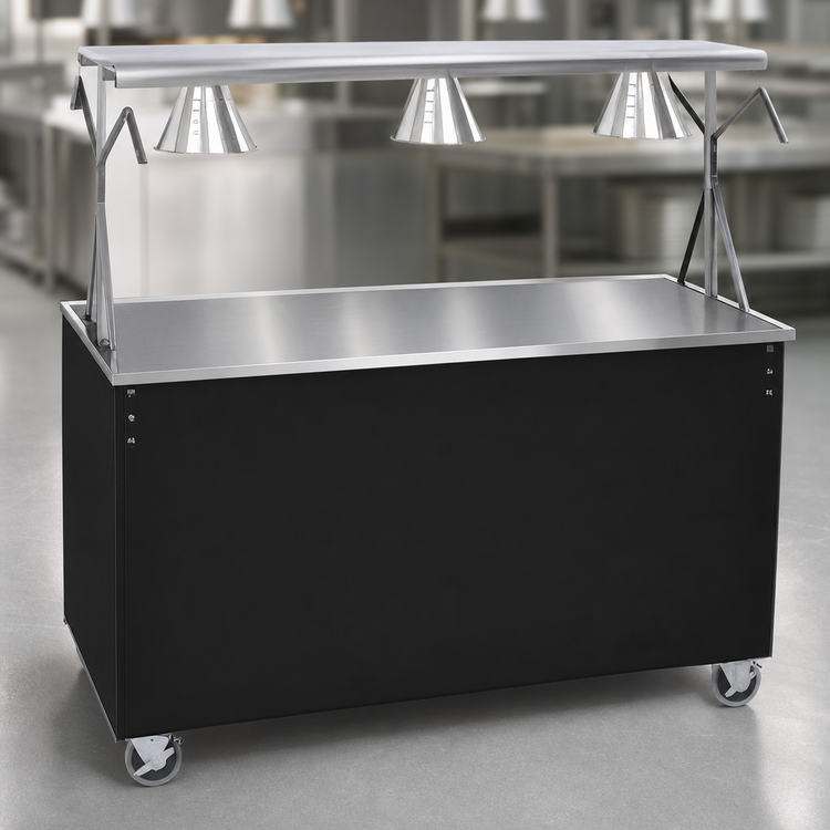 Product image #3 for Vollrath 2-Series Affordable Portable 60-Inch Solid Top Mobile Utility Station with Open Storage Base, Buffet-Style Breath Guard Lights, and Brushed Aluminum Finish