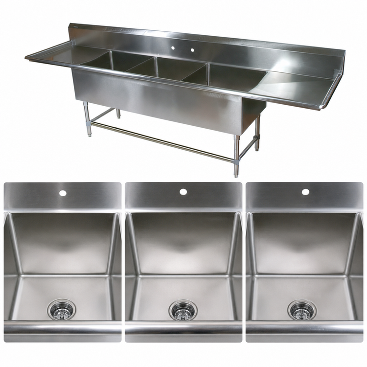 Product image #3 for John Boos Pro-Bowl 3-Compartment Sink with Dual Drainboards, 18" x 18" x 12" Bowls