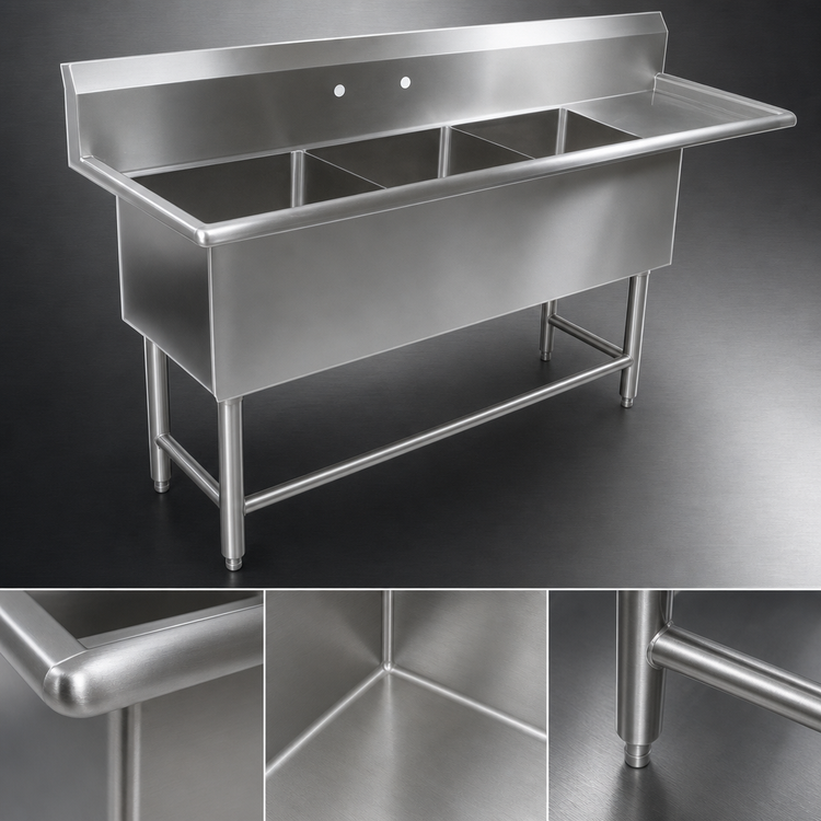 Product image #3 for John Boos Pro-Bowl 3-Compartment Stainless Steel Sink with Right Drainboard, 24" x 24" x 14" Bowls, 106-3/16" Wide