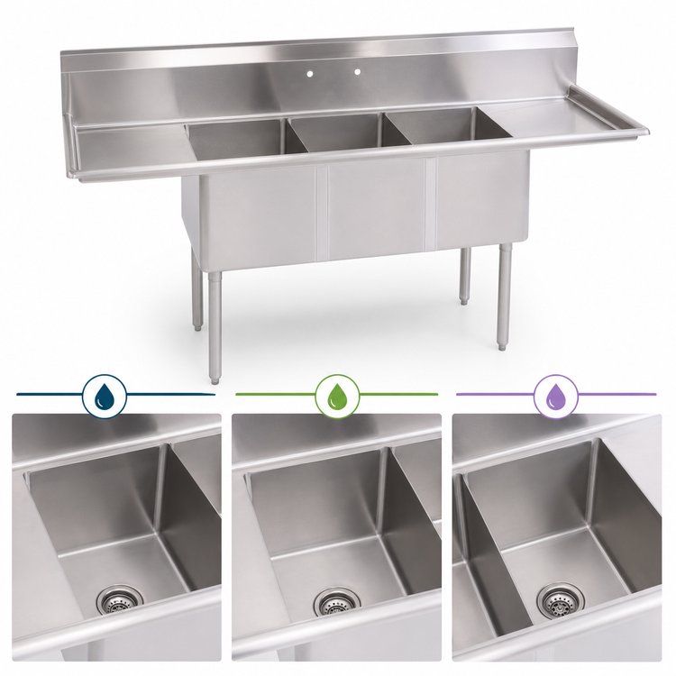 Product image #3 for John Boos E-Series 60-Inch 3-Compartment Stainless Steel Sink with Dual Drainboards and Boxed Backsplash