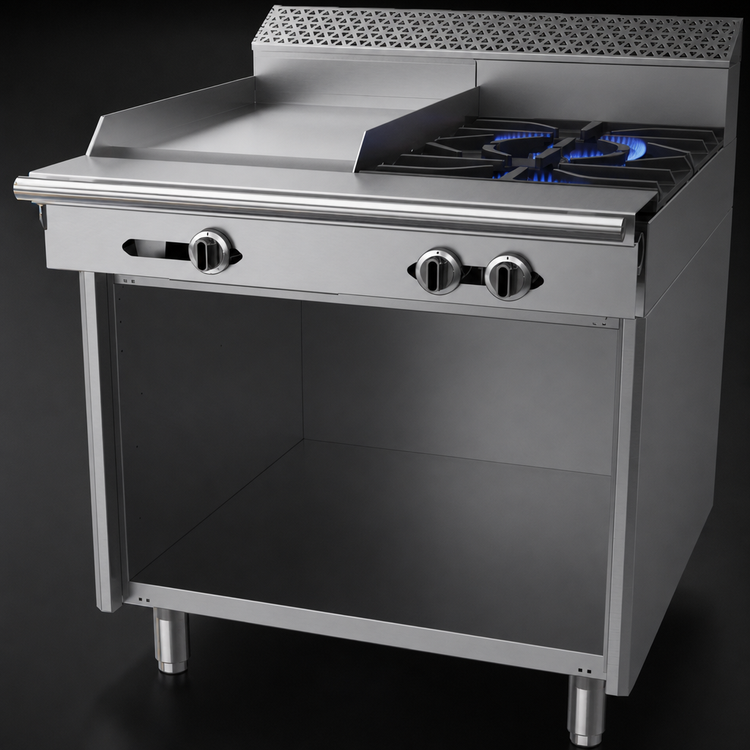 Product image #3 for Garland Cuisine Series 36-Inch Heavy Duty Natural Gas Commercial Range with 2 Open Burners and 18-Inch Thermostatic Griddle, Storage Base