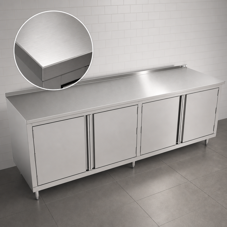 Product image #3 for John Boos 120-Inch x 30-Inch Enclosed Work Table Cabinet Base with Hinged Doors, 14-Gauge 300-Series Stainless Steel Top, and 1-1/2-Inch Rear Riser