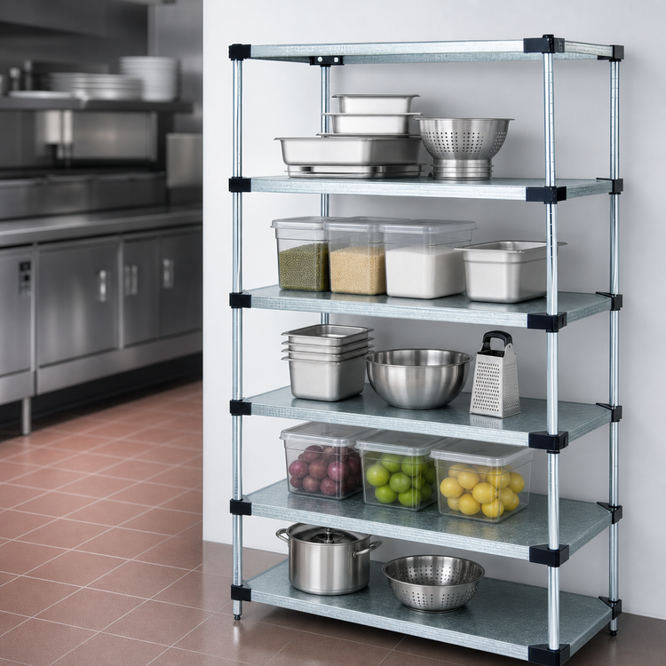 Product image #3 for Quantum 5-Shelf Solid Shelving Starter Kit, 48"W x 14"D x 54"H, Galvanized Steel Shelves with Chrome Posts