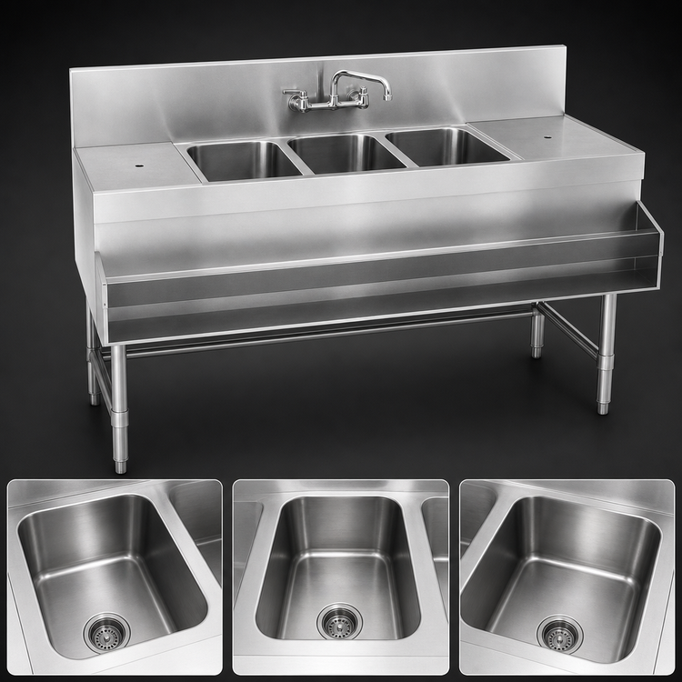 Product image #3 for Spec-Bar Three-Compartment Underbar Sink Unit with Double-Hinged Faucet, 36 x 24 Inches, 304 Stainless Steel