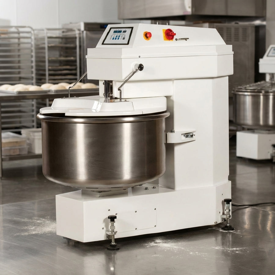 A rugged spiral dough mixer with a strong welded steel body built for durability and hygiene.