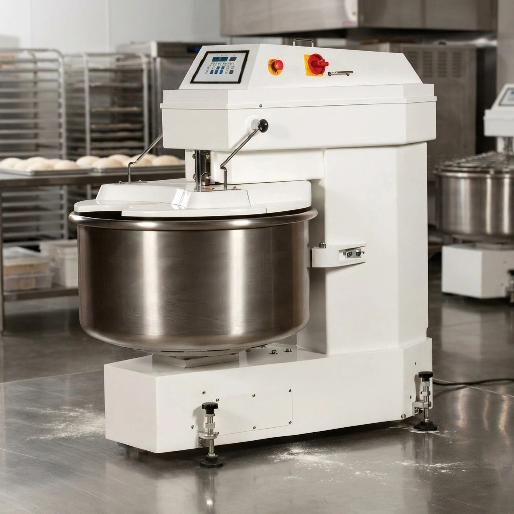 A rugged spiral dough mixer with a strong welded steel body built for durability and hygiene.