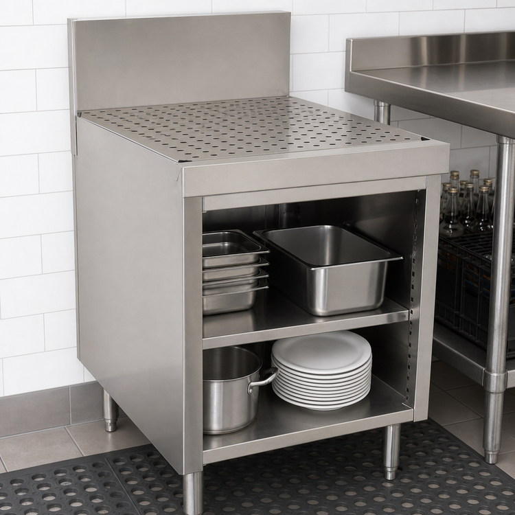 Product image #3 for Advance Tabco Prestige Supreme Open Front Underbar Drainboard Cabinet with 7-Inch Backsplash, 24 x 25 x 36 Inches