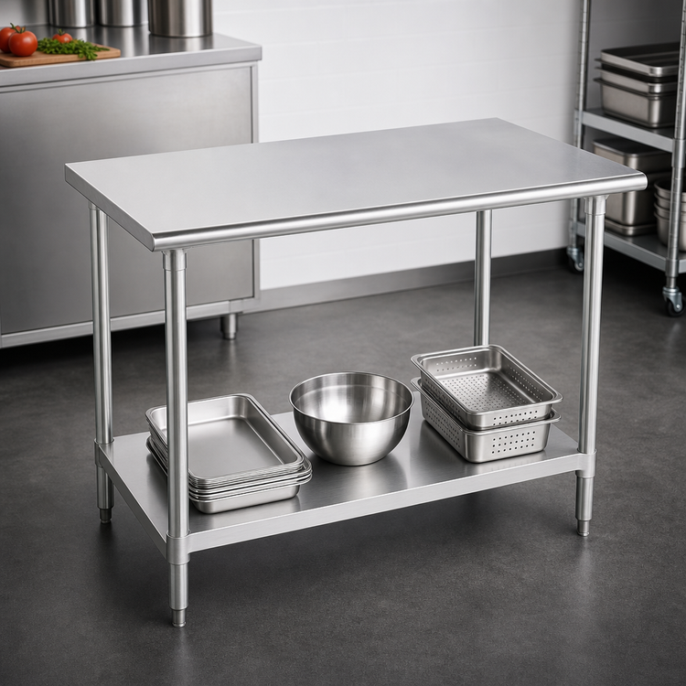 Product image #3 for Advance Tabco 48 Inches x 24 Inches 16-Gauge 430 Stainless Steel Flat Top Work Table with Adjustable Undershelf