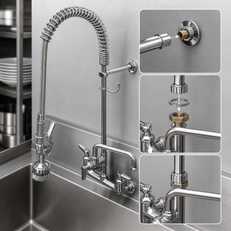 Product image #3 for T&S Brass EasyInstall Wall-Mount Pre-Rinse Unit with Add-On Faucet, 8-Inch Centers, 14-Inch Swing Nozzle