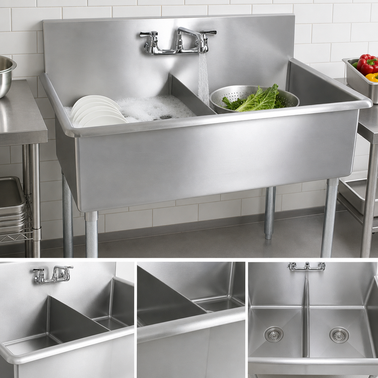 Product image #3 for BK Resources Two-Compartment Commercial Budget Sink with 24" x 24" x 12" Bowls, 8" Backsplash, and Galvanized Legs