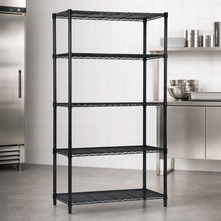 Product image #3 for Quantum 36" x 12" x 86" Wire Shelving Starter Kit with 5 Shelves, Black Epoxy Antimicrobial Finish