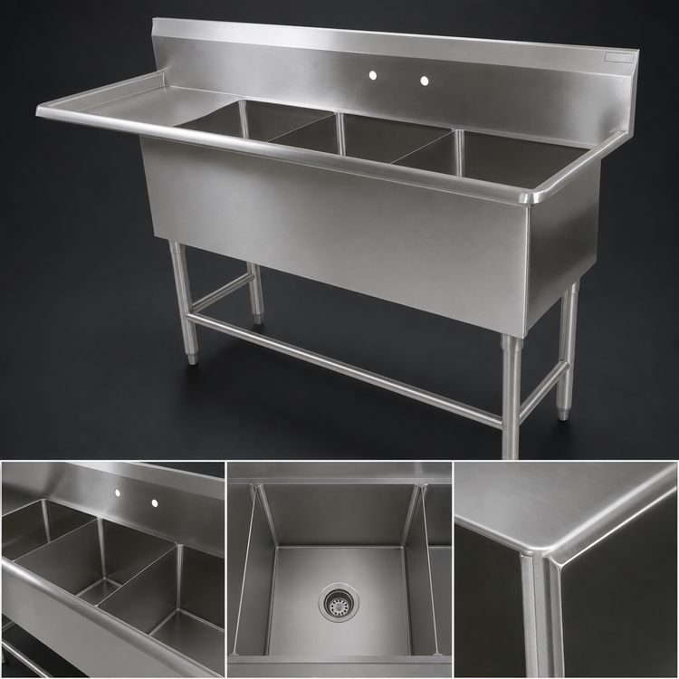Product image #3 for John Boos Pro-Bowl 3-Compartment Sink with 30-Inch Left Drainboard, 16 Gauge 300 Series Stainless Steel, 82-3/16 x 25-1/2 x 44-1/16 Inches