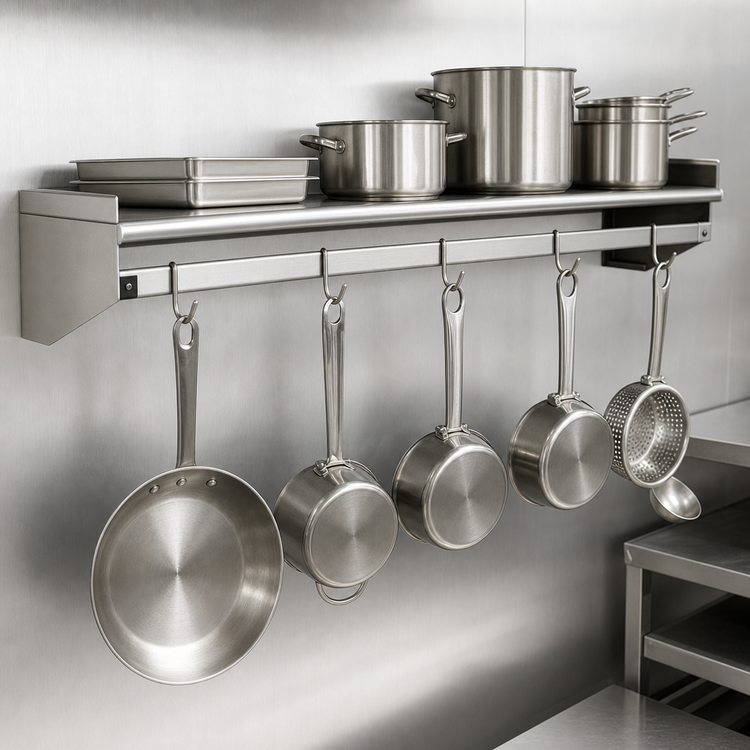 Product image #3 for Eagle Group 108-Inch x 18-Inch Wall-Mounted Stainless Steel Pot Rack Shelf with Removable Hooks