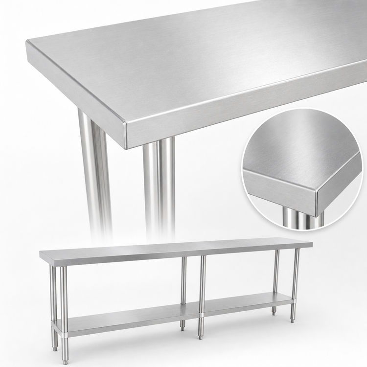 Product image #3 for Sapphire 84 Inch x 18 Inch Stainless Steel Work Table with Undershelf, Beveled Square Edge, 16-Gauge 304 Top