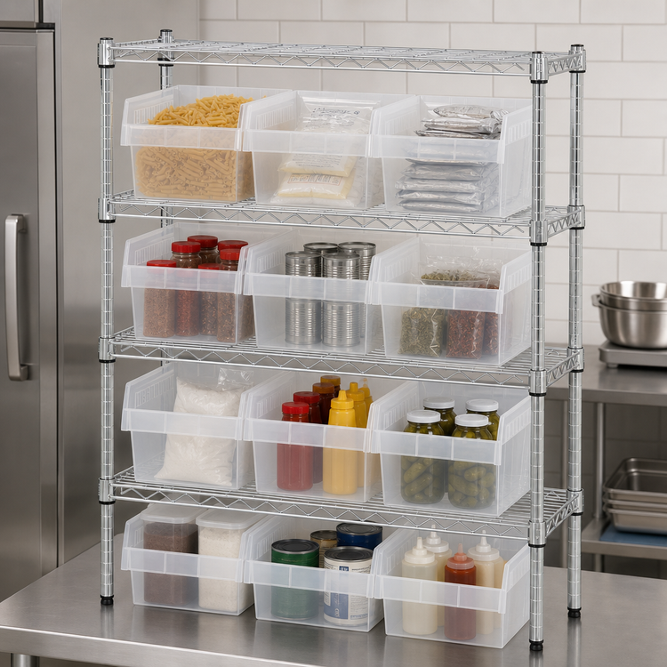 Product image #3 for Quantum Bin Wire Shelving Center with 4 Shelves and 9 Clear Bins, 36W x 12D x 39H, Chrome Plated