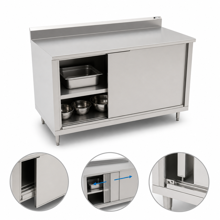 Product image #3 for John Boos 72 Inch x 36 Inch Stainless Steel Enclosed Work Table with Sliding Doors and 5-Inch Backsplash