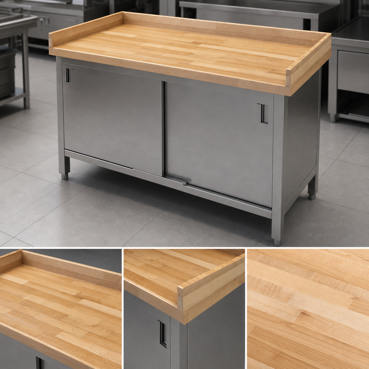 Product image #3 for John Boos Cabinet Base Wood Top Work Table with Sliding Doors, 60 x 30 Inches, 4-Inch Coved Riser