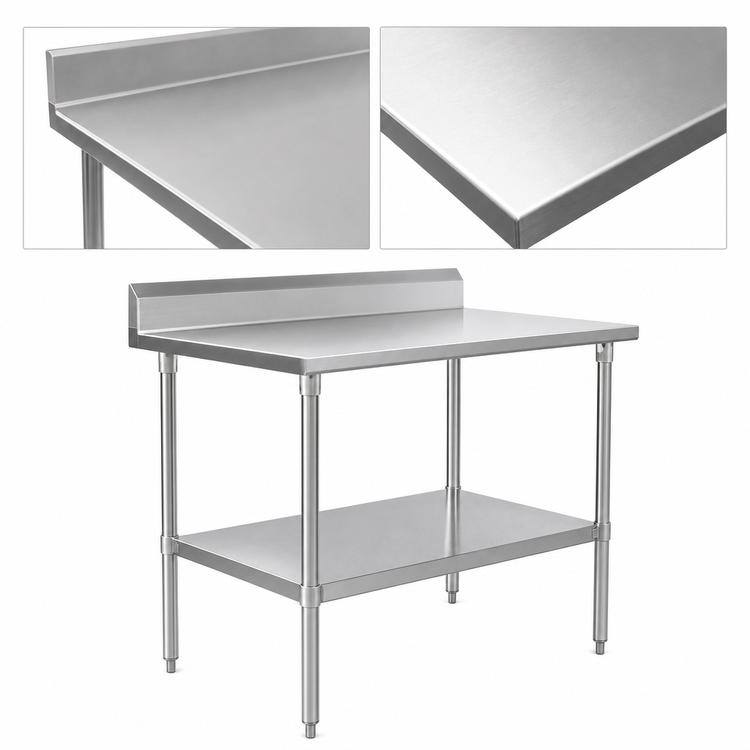 Product image #3 for John Boos Stallion 84"W x 30"D Stainless Steel Top Work Table with 5" Backsplash, Safety Edge, and Adjustable Undershelf