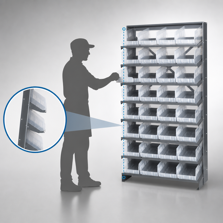 Product image #3 for Quantum Sloped Single-Sided Pick Rack with 8 Shelves and 32 Clear Bins