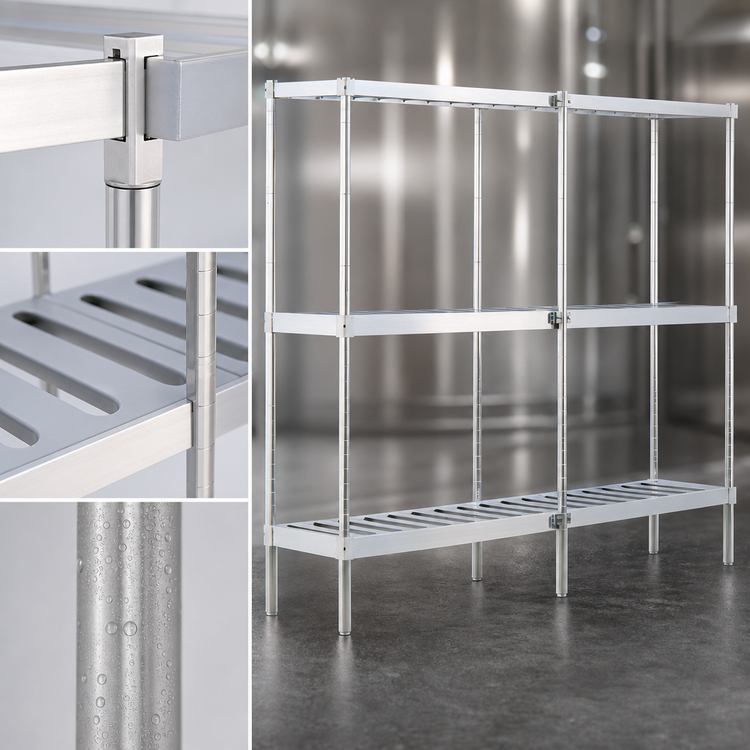 Product image #3 for New Age Aluminum Keg Rack with 3 T-Bar Shelves, 93W x 18D x 76H, 10 Half-Barrel or 34 Sixth-Barrel Capacity