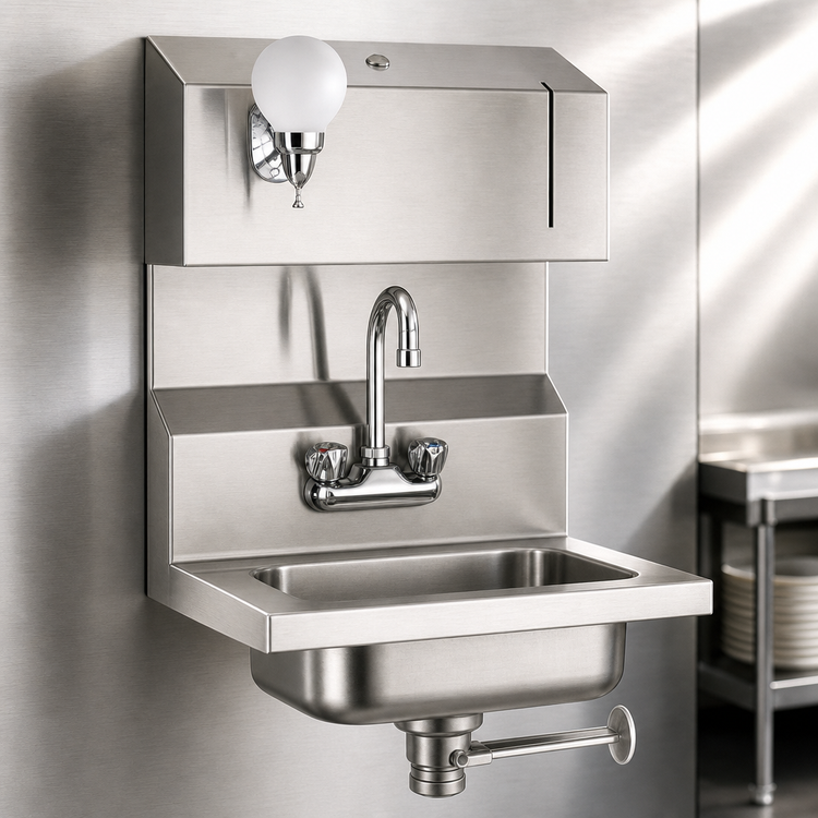 Product image #3 for Eagle Group Wall-Mounted 304 Stainless Steel Hand Sink with Towel and Soap Dispensers, Splash-Mount Gooseneck Faucet and Polymer Lever Drain