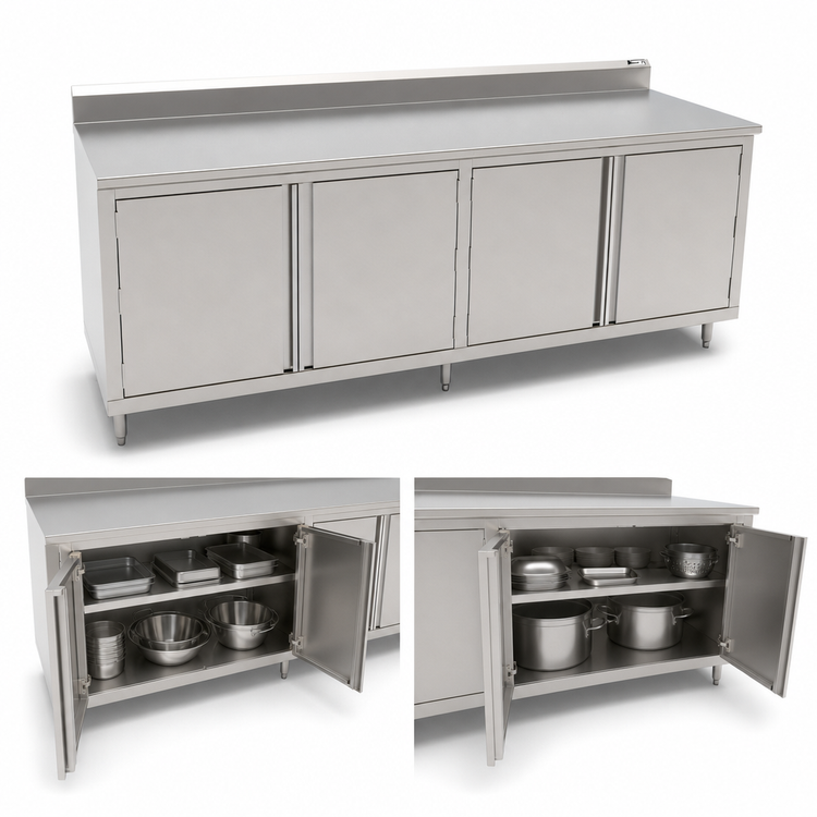 Product image #3 for John Boos 108-Inch W x 36-Inch D Enclosed Base Work Table with Hinged Doors, 14-Gauge 300-Series Stainless Steel Top, 5-Inch Backsplash
