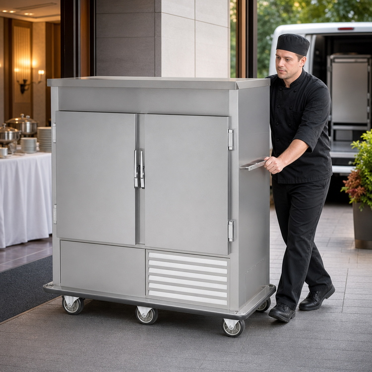 Product image #3 for FWE URS-14-GN 2-Section Mobile Refrigerated Cabinet with 2 Solid Doors, 64-80 Plate Capacity