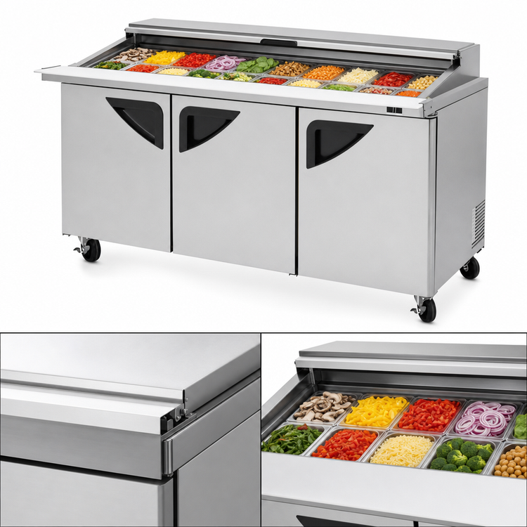 Product image #3 for Turbo Air Super Deluxe 72-5/8-Inch Wide Three-Section Sandwich/Salad Mega Top Prep Table with Slide-Back Lid and 30-Pan Opening