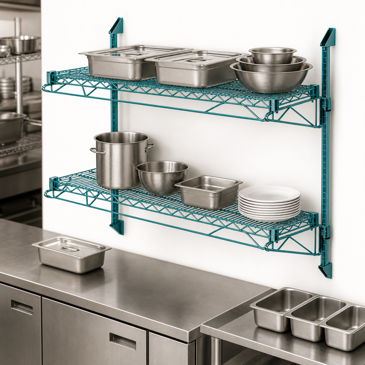 Product image #3 for Quantum Cantilever Double-Shelf Wall-Mount Wire Shelving Kit with 34-Inch Posts, 48 x 24 Inches, Green Epoxy Antimicrobial