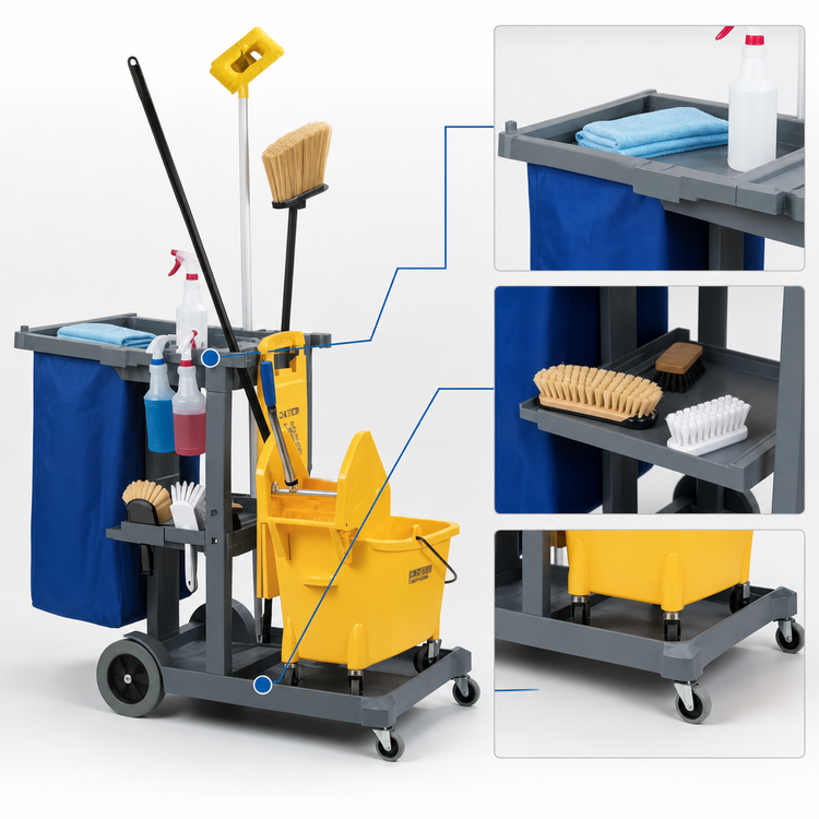 Product image #3 for Carlisle Short Platform Janitorial Cart with 3 Shelves and 25-Gallon Bag, Gray