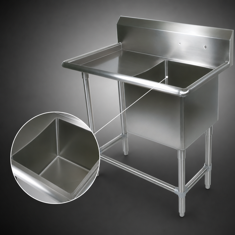 Product image #3 for John Boos Pro-Bowl 1-Compartment Stainless Steel Floor Model Sink with Left Drainboard, 18 x 24 x 12 Inch Bowl, and 10 Inch Backsplash