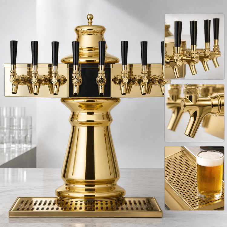 Product image #3 for Glastender Vienna 8-Faucet Air-Cooled Draft Dispensing Tower with Surface-Mount Drain Pan, Polished Brass
