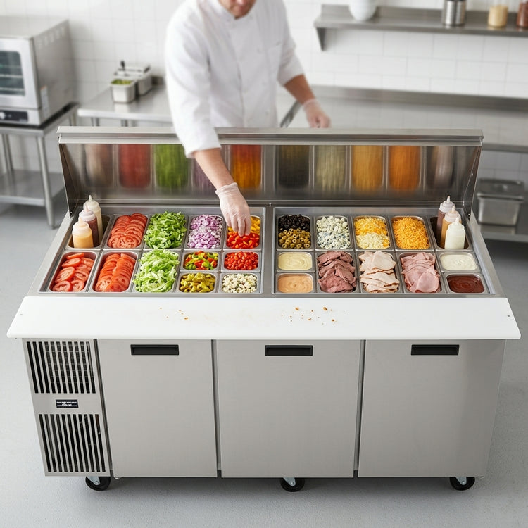 Product image #2 for Randell PT84-36W-L 84" Three-Section Refrigerated Salad/Sandwich Mega Top Prep Table