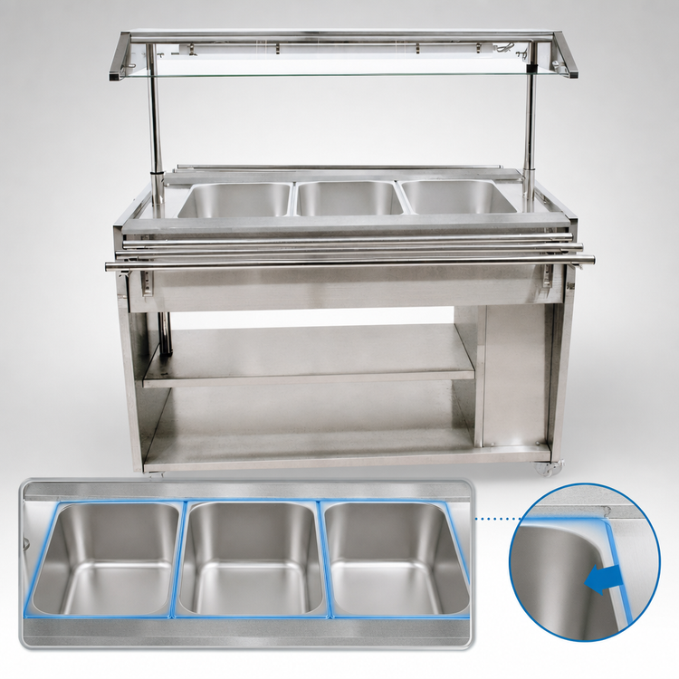 Product image #3 for Omcan USA 48-Inch Mobile Stainless Steel Sealed Well Hot Food Serving Counter / Steam Table with Double-Sided Sneeze Guard