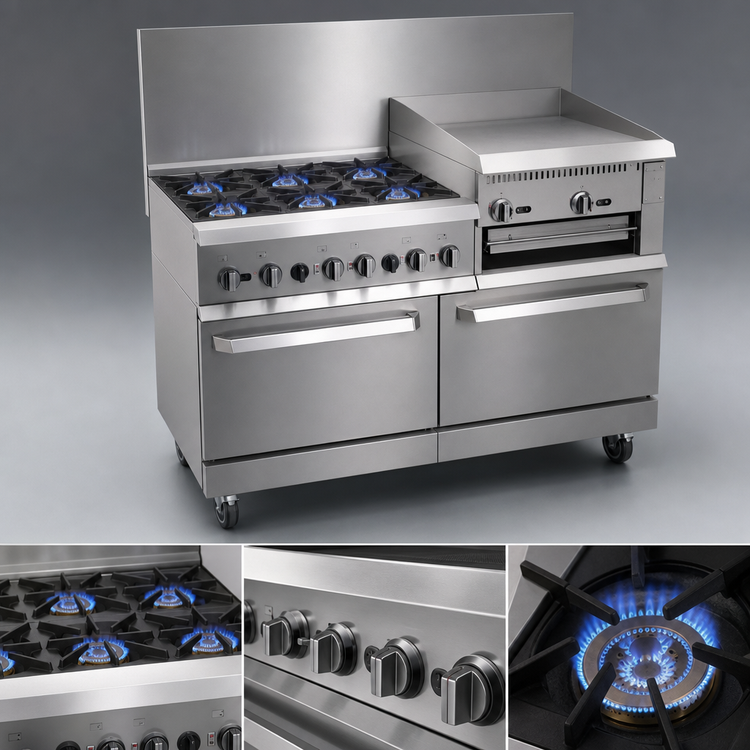 Product image #3 for IKON Cooking 60-Inch Natural Gas Commercial Range with 6 Burners, 24-Inch Griddle/Broiler and 2 Ovens