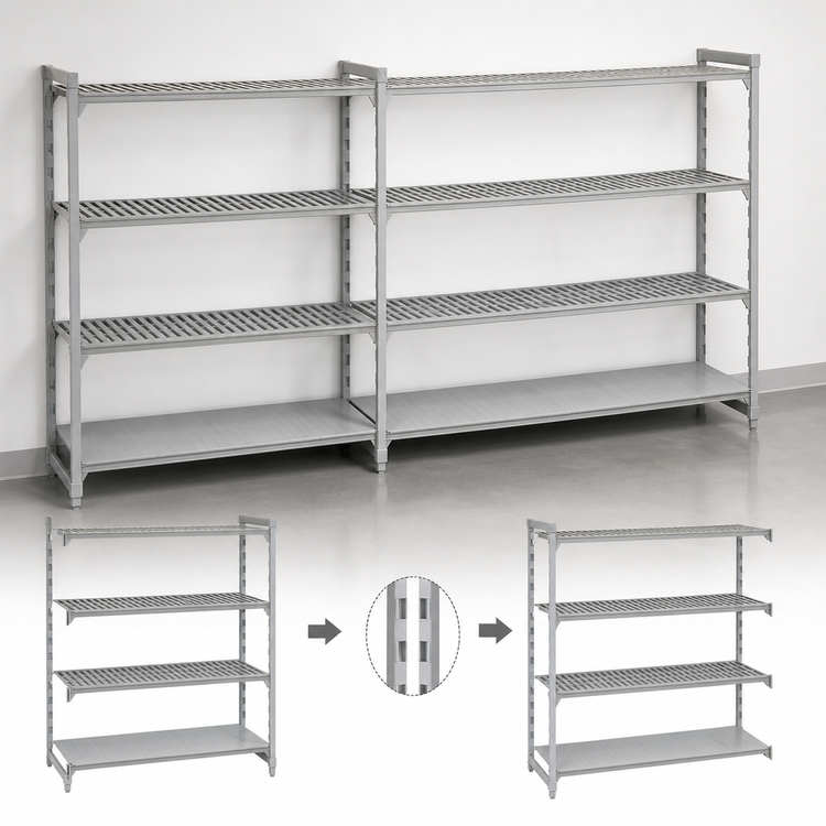 Product image #4 for Cambro Camshelving Premium 24"W x 60"L x 64"H 4-Tier Stationary Add-On Polymer Shelving Unit, 3 Vented + 1 Solid, Speckled Gray