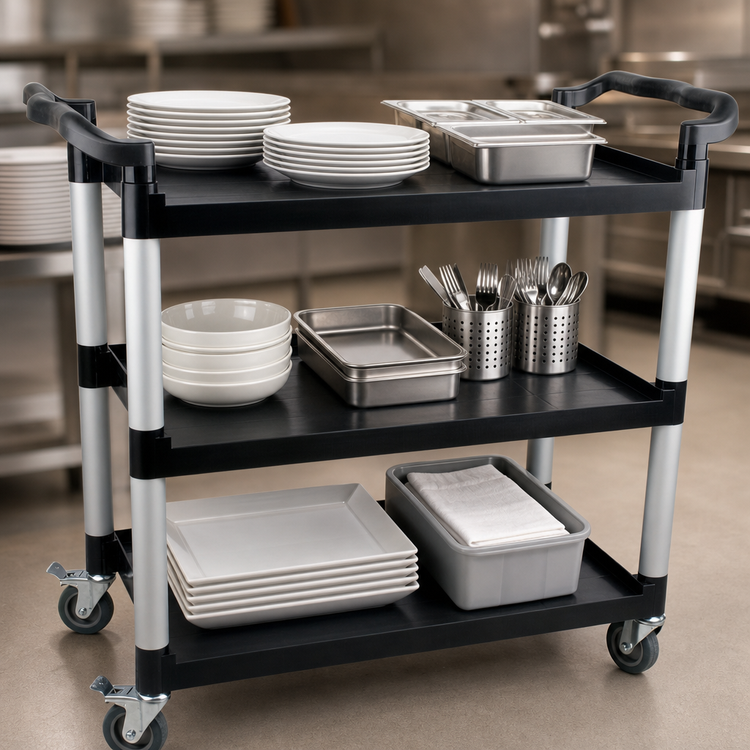 Product image #3 for 3-Shelf Utility Bus Cart with Black Plastic Shelves, 42-1/2 x 19-3/4 x 37-7/8 Inches