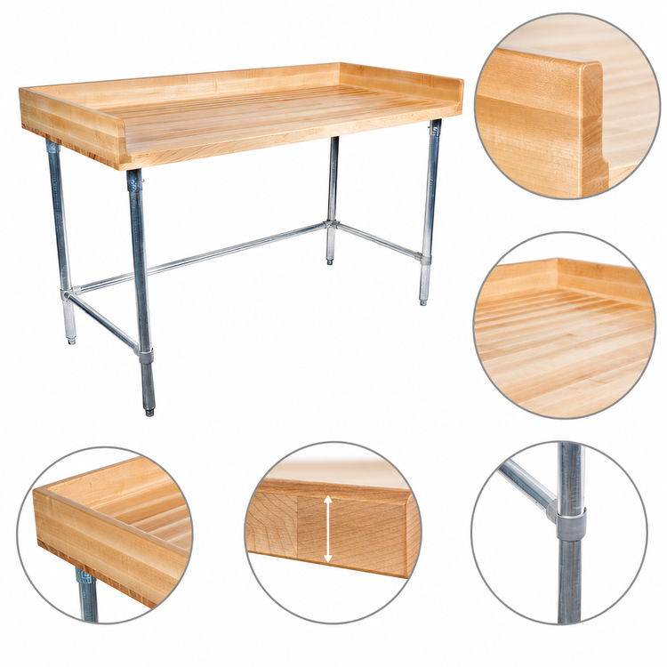 Product image #3 for BK Resources 60 x 36 Inch Hard Maple Bakers' Table with Galvanized Open Base and Coved Risers